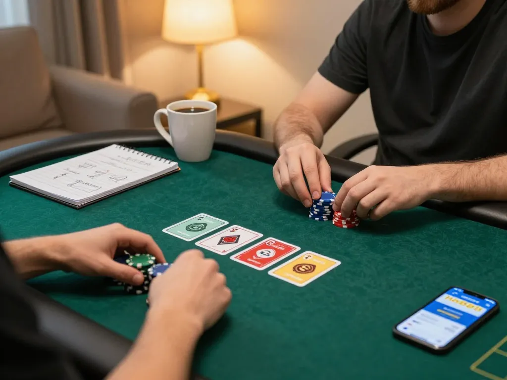 Player engages with the hb888 online poker app in a cozy home, analyzing strategy notes.