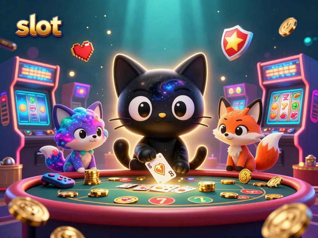 Engage in thrilling slot gameplay with a black hole cat at a cosmic casino table.