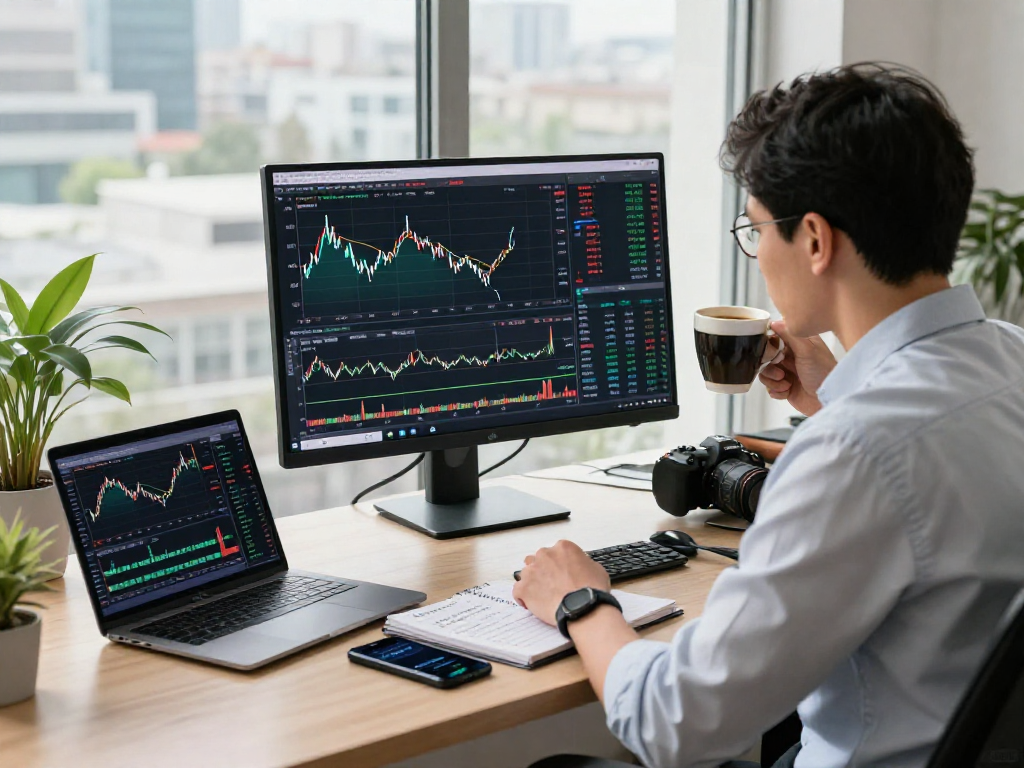 MetaTrader 5 trading workspace with a focused trader analyzing financial charts and market data in a modern office.