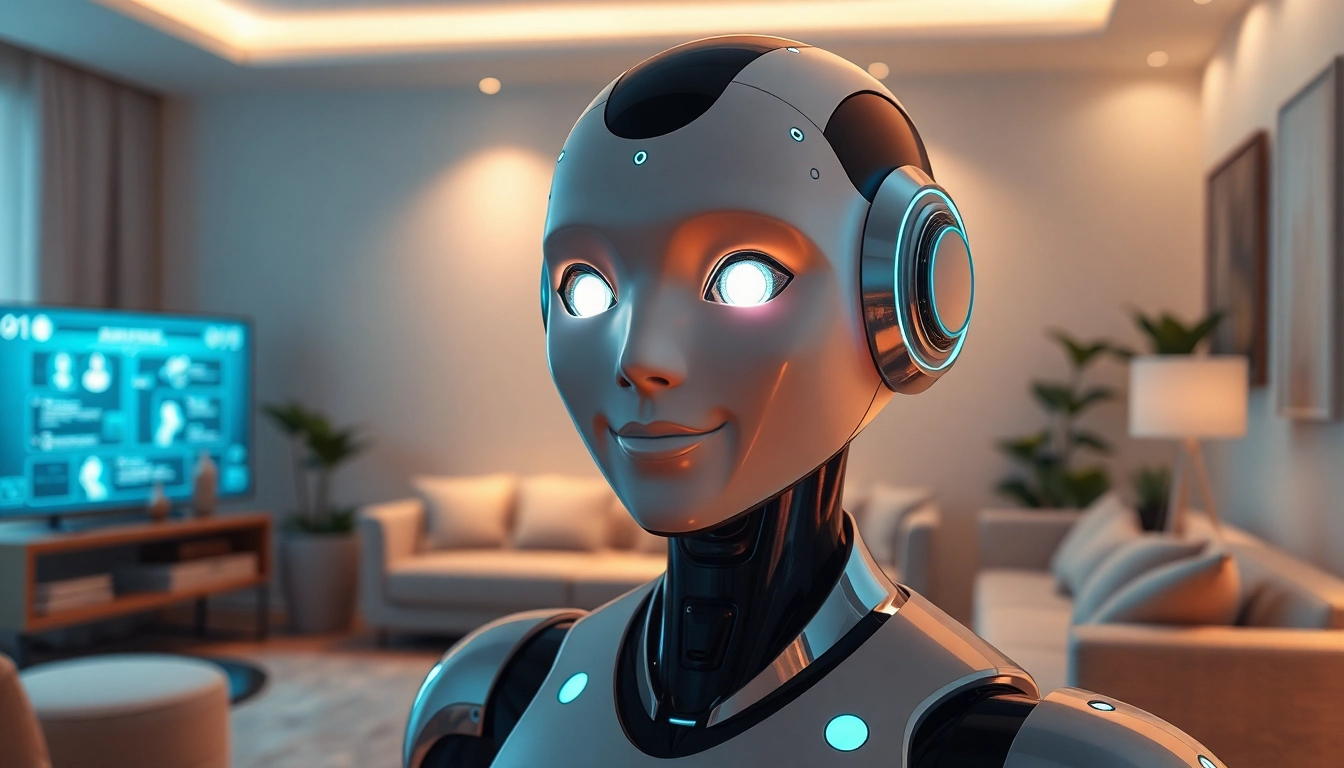 AI sex bot interacting with a user in a modern setting, showcasing futuristic design and technology.