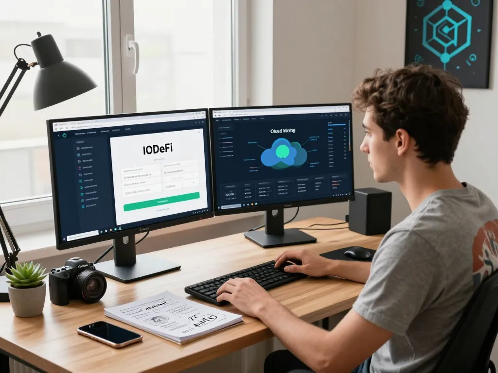 Interested individual exploring IODeFi sign up process on dual monitors in a modern tech workspace.