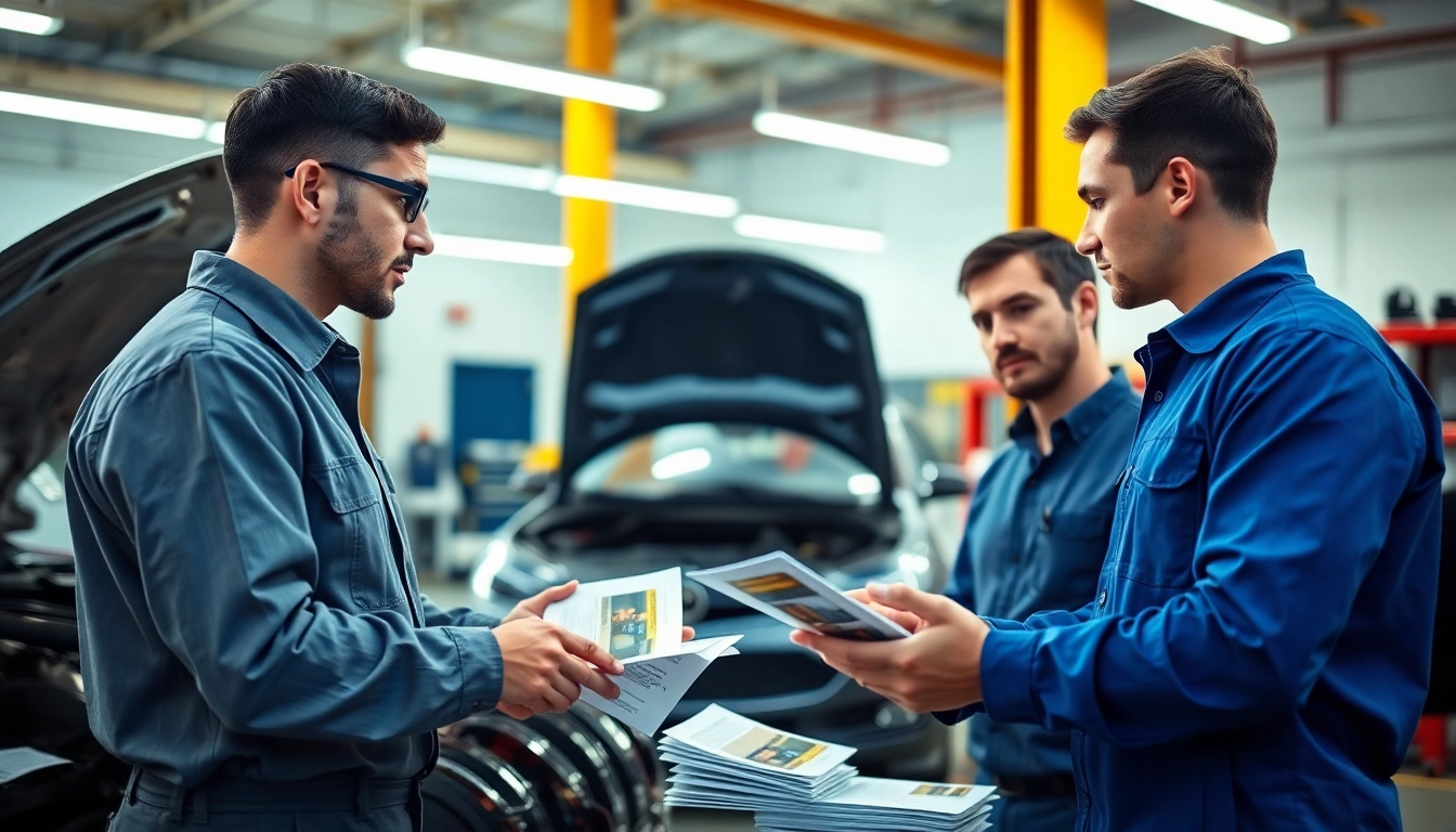Examining benefits of extended car warranty with mechanics in a modern workshop setting.
