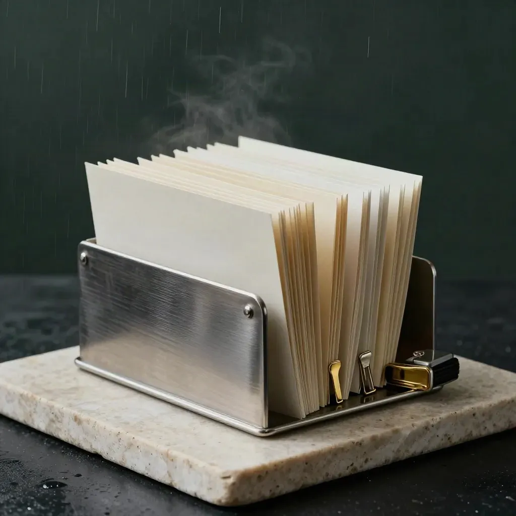 Brushed-steel filing tray with cream folders, brass clips and seal press on pale stone.