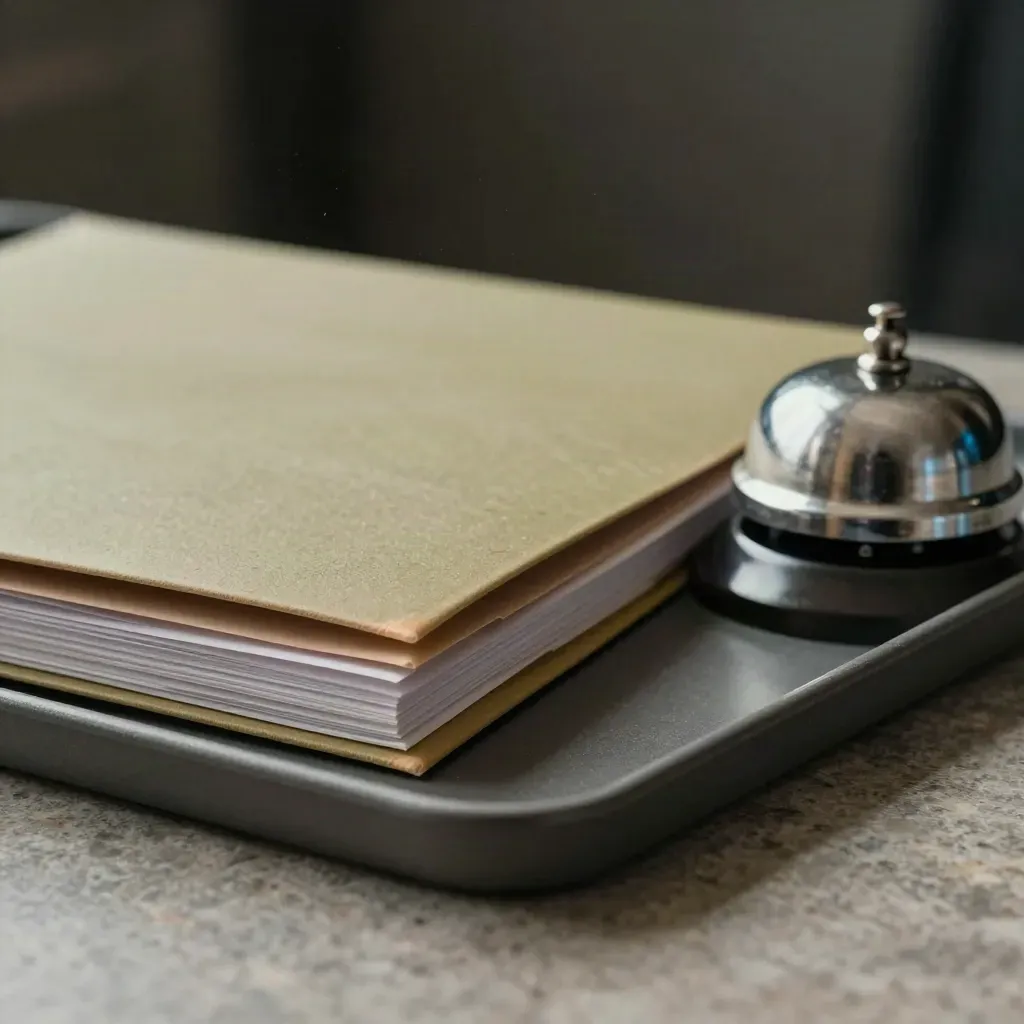 Macro still life of finance folders, an invoice tray, and a reminder bell