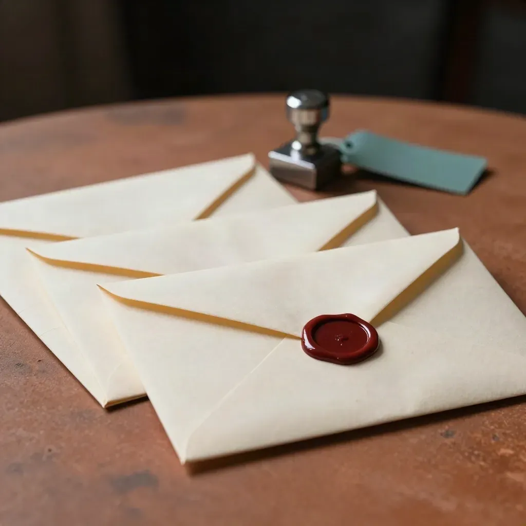 Three sealed envelopes, wax seal press, and teal status tag on terracotta clay.