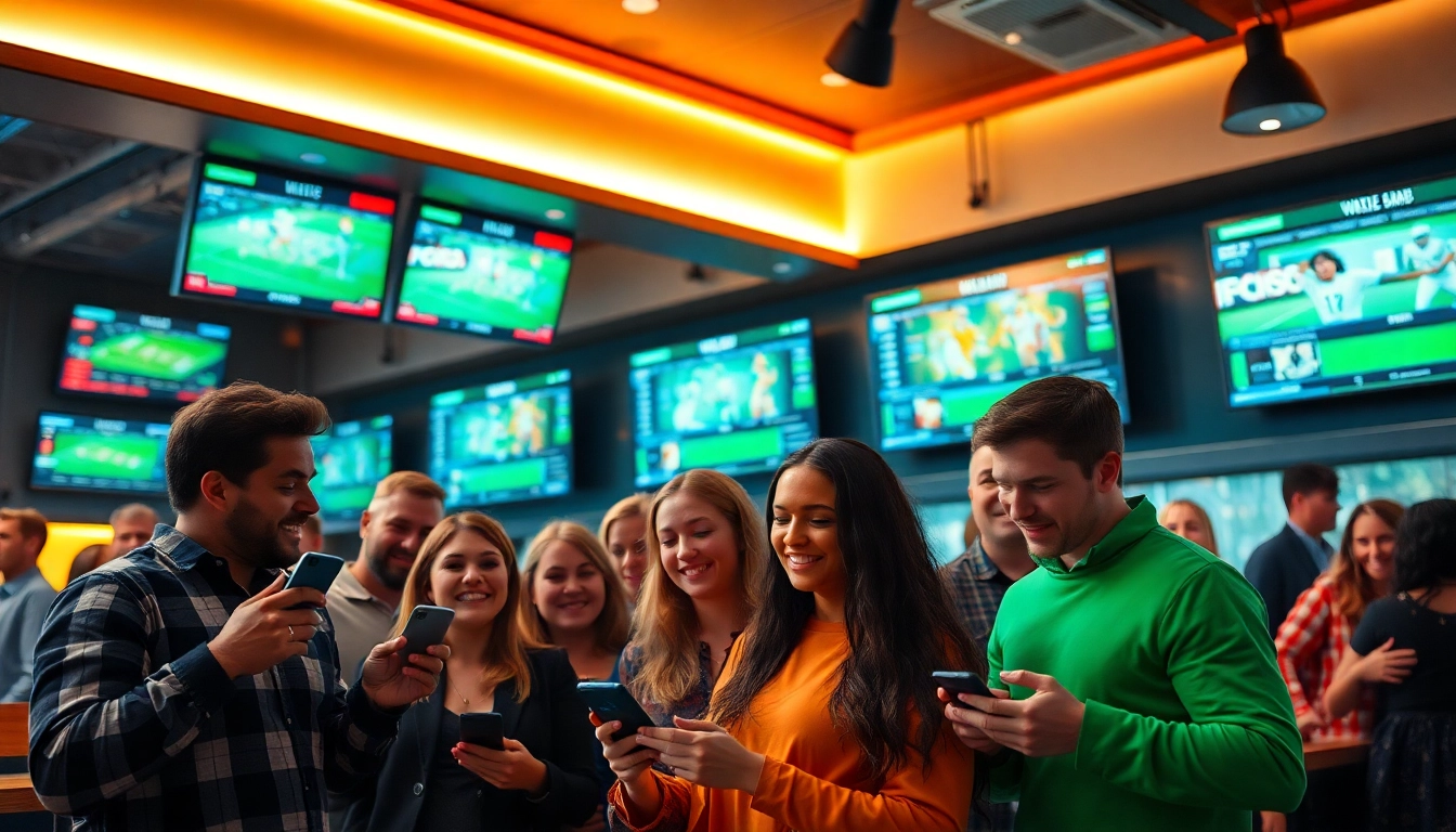 Engaging scene of sports betting sites Alabama, showcasing fans excitedly placing bets in a lively bar atmosphere.