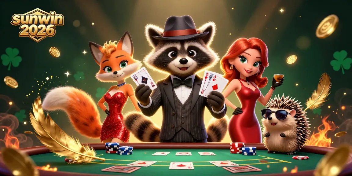 Win big at sunwin 2026 as a suave raccoon holds a royal flush amidst a vibrant casino scene.