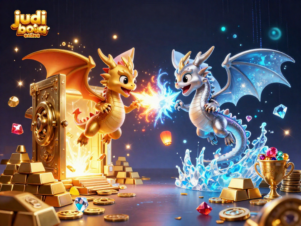 Experience judi bola online with dynamic dragons and treasure illustrations bursting with energy and excitement.