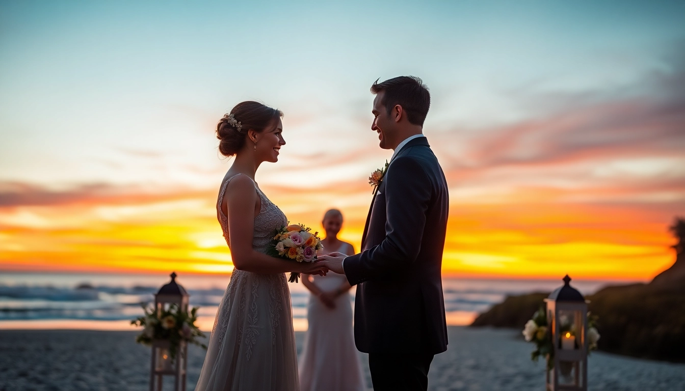 Capture of Carmel wedding photography featuring a couple exchanging vows on the beach against a stunning sunset.