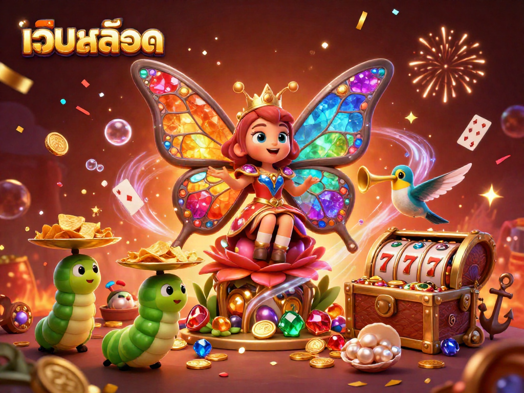 Engage with เว็บสล็อต action in a vibrant, immersive 3D casino illustration, featuring colorful elements.