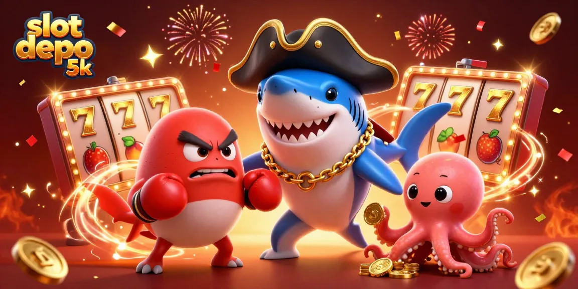 Spin slot depo 5k reels with vibrant characters celebrating a big win around gold coins.