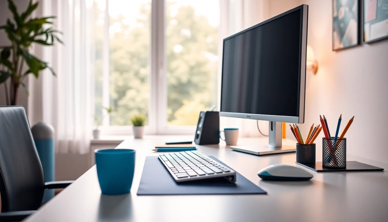 Enhance your productivity at a typing center with a modern workspace featuring sleek technology.