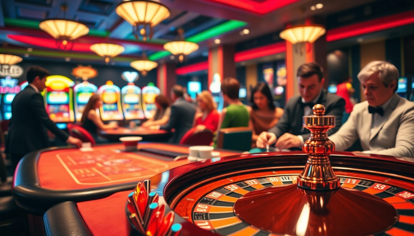 Menampilkan aktivitas permainan kasino yang menarik di taiwannow.org/tw/about dengan meja roulette berwarna-warni.