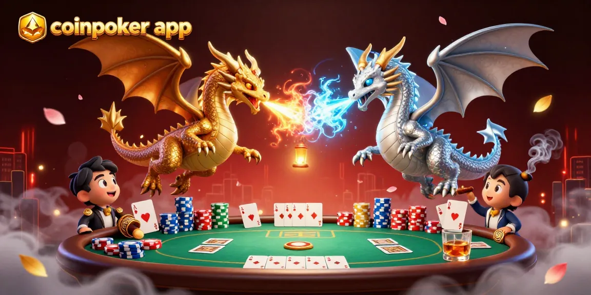 Jouez sur l'application CoinPoker avec un dragon d'or et un dragon d'argent survolant une table de poker richement décorée.