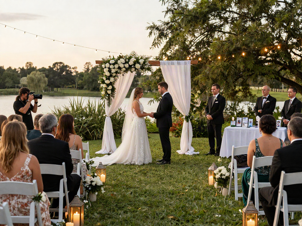 Event rentals for a picturesque outdoor wedding setup with floral arch and chairs