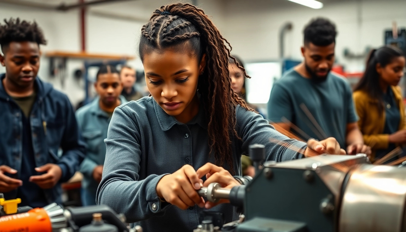 Young woman training in a welding workshop at Trade School knoxville Tn, showcasing skills and dedication.