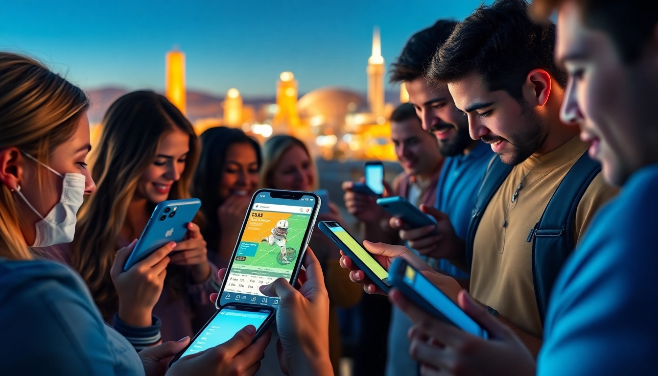 Bettors engaging with sports betting sites California on smartphones against a California skyline.