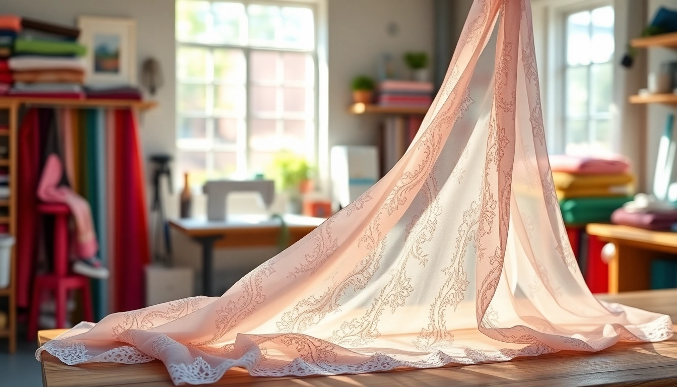 Chiffon stof met ingewikkelde patronen prachtig gedrapeerd op een houten tafel.