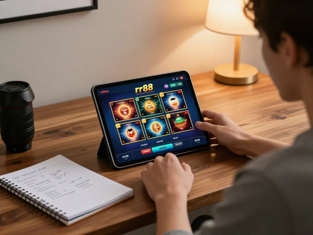Person engaging with rr88 online casino on a tablet in a cozy home setup, showcasing responsible gaming.