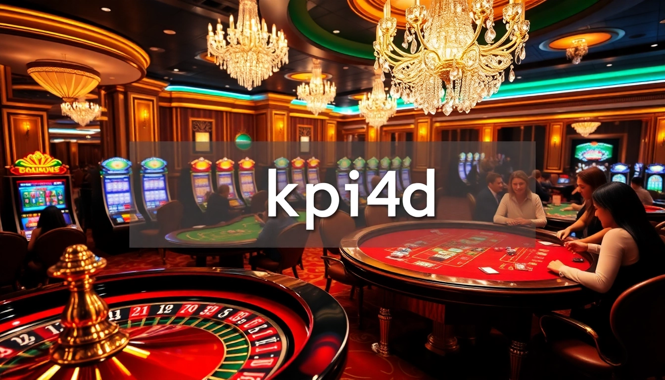 KPI4D themed casino scene showcasing roulette, poker, and vibrant slot machines in a luxurious setting.