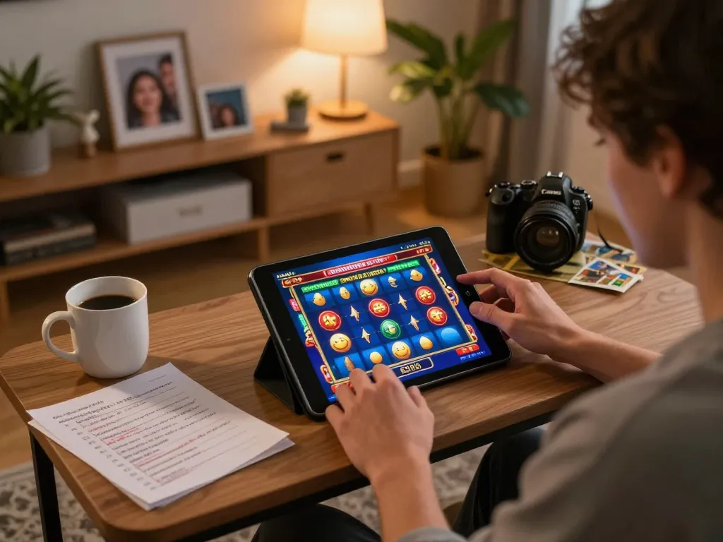 Pemain yang terlibat menggunakan aplikasi slot paris888 di tablet dalam pengaturan rumah yang nyaman.