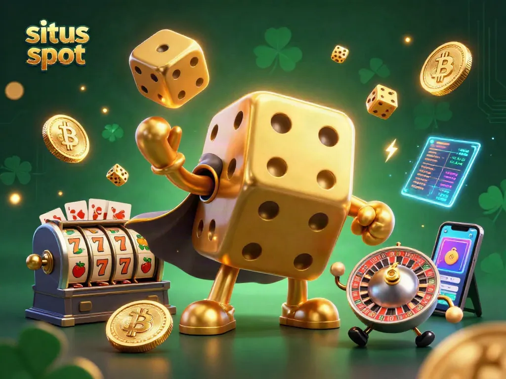 Situs slot showcasing a vibrant casino scene with a dynamic golden dice golem and slot reels.