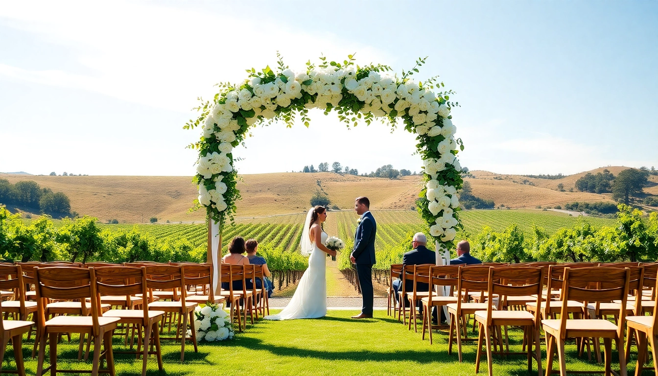 Charming setup for Clarksburg Wedding Venues featuring a floral arch and vineyard background.