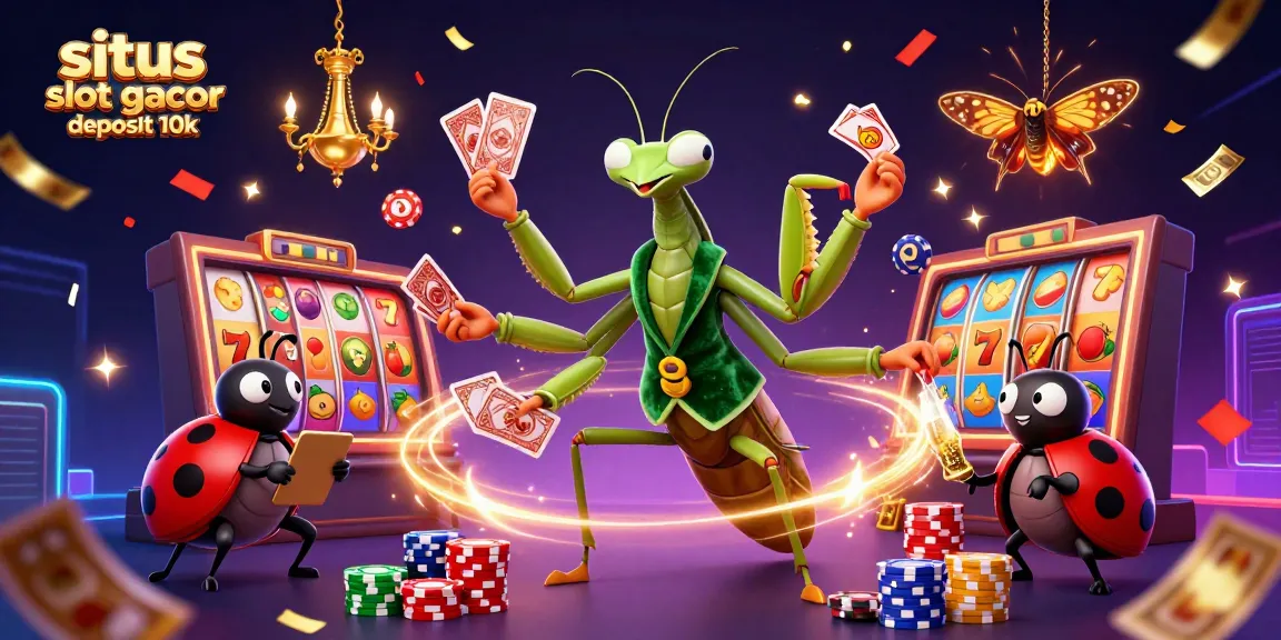 Exciting casino scene featuring a giant mantis card sharp and ladybug pit boss in a colorful setting, highlighting situs slot gacor deposit 10k.