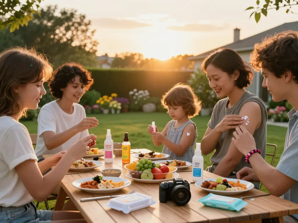 Family applying mosquito repellent before outdoor picnic in sunset glow.