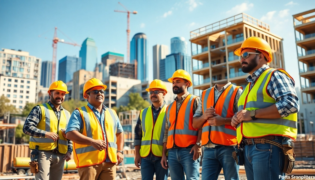 Workers enhance Austin construction with teamwork on a busy site, showcasing diversity and professionalism.