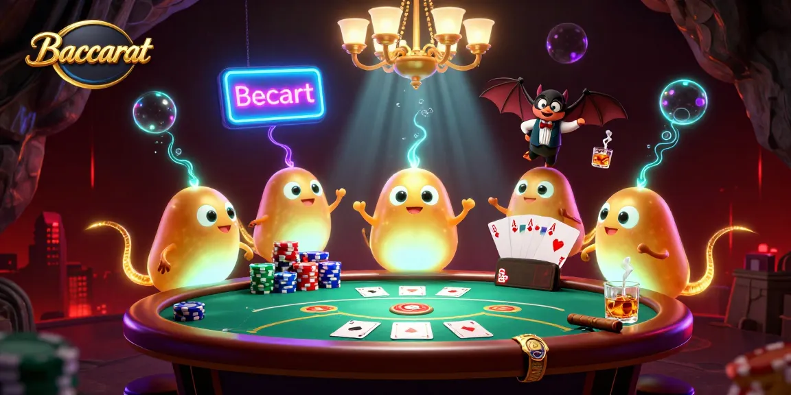Baccarat game scene with bioluminescent glowworms and a bat dealer in a vibrant casino.