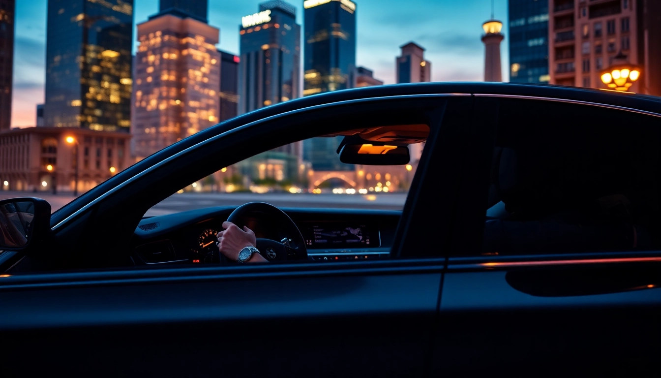 Experience Chauffeur Services near me with a skilled driver in a luxury sedan against a vibrant city backdrop.