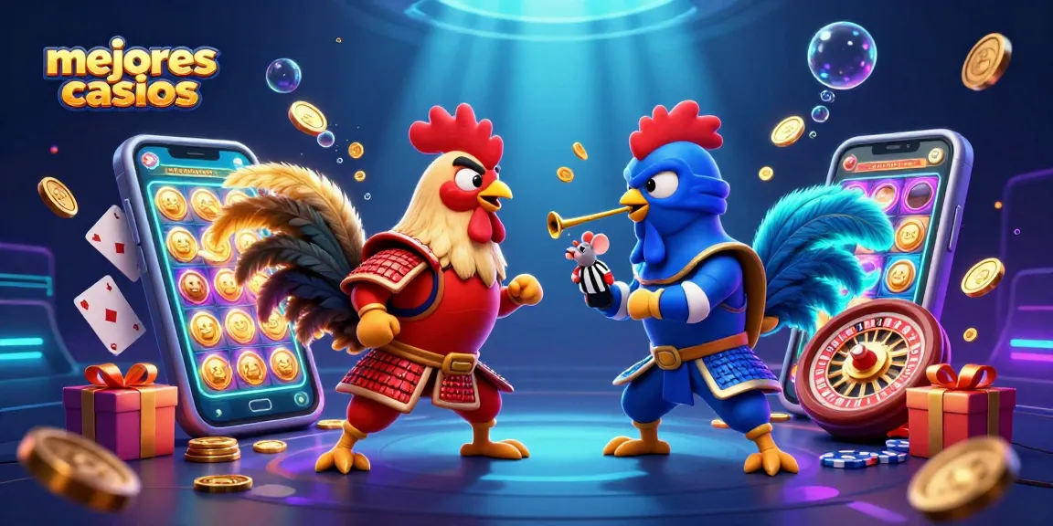 Mejores casinos en una ilustración 3D con gallos luchadores y elementos de juego vibrantes.