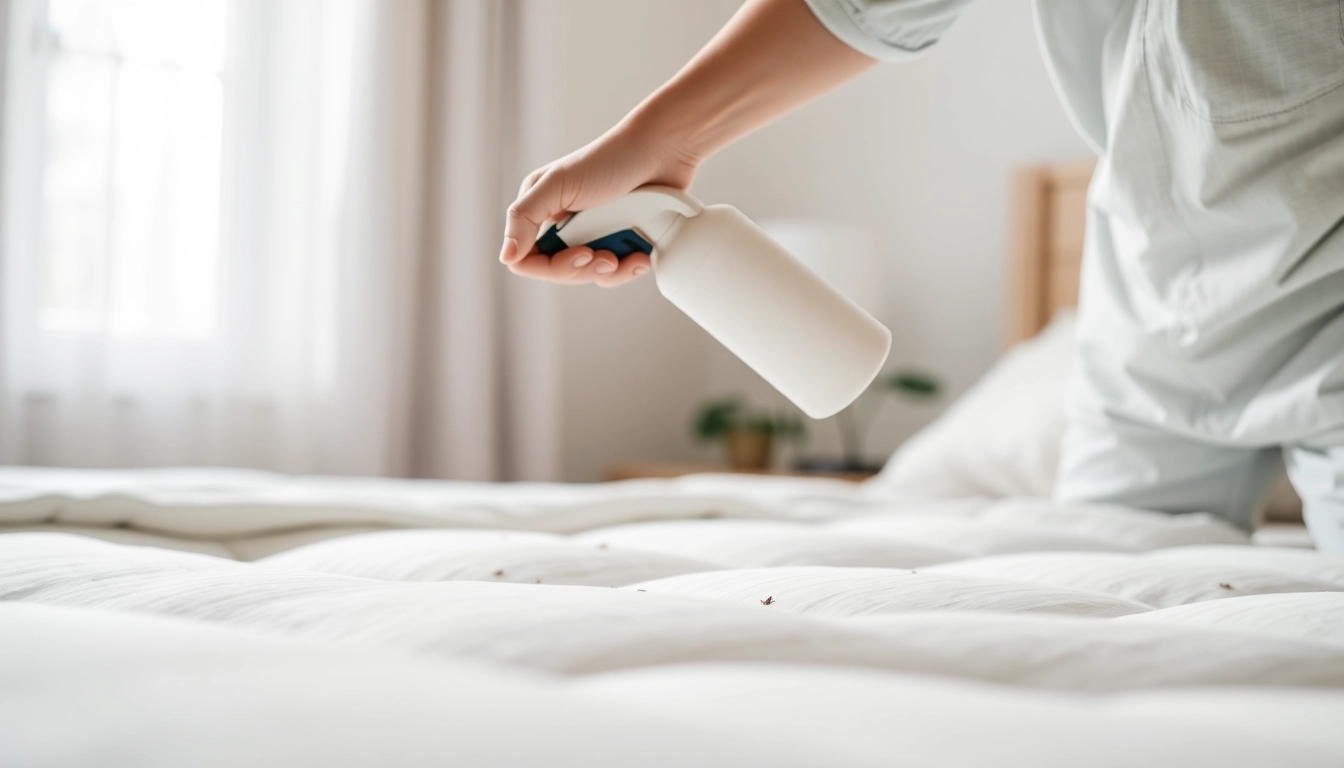 A technician applying affordable bed bug treatment in a home, focusing on an infested bed frame.