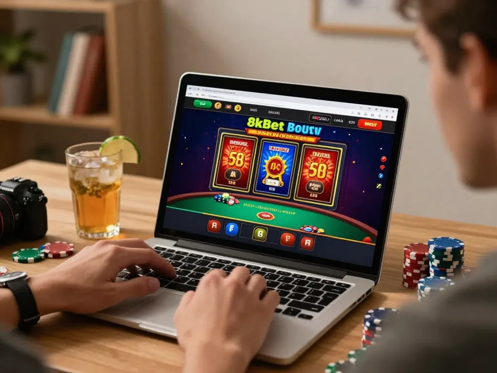 Playing at 8kbet online casino during an exciting session with vibrant poker graphics and colorful chips.