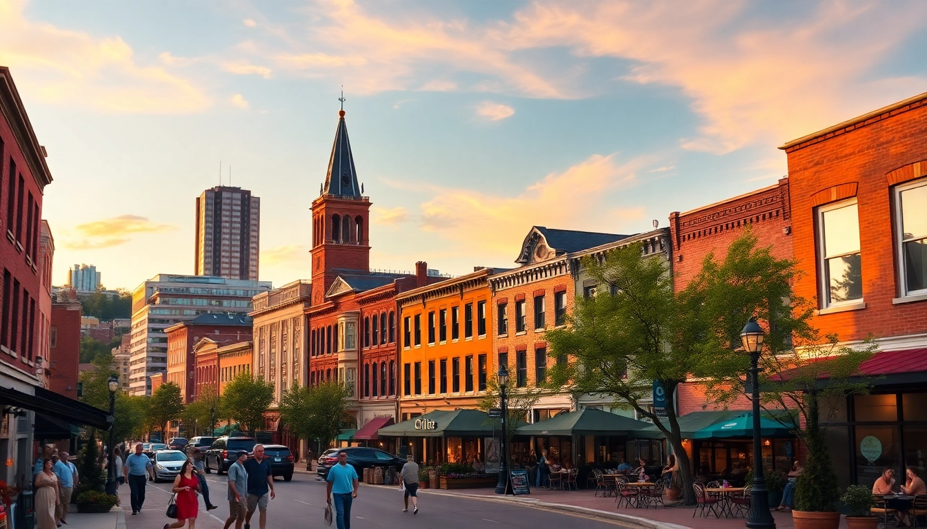 Explore the vibrant downtown Clarksburg skyline at sunset, filled with historic architecture and lively street activities.