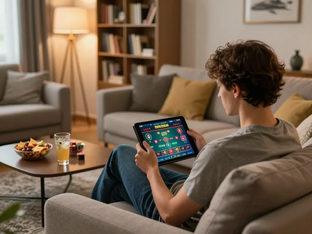 Casinò online non aams con neteller being played on a tablet in a cozy home setting, highlighting responsible entertainment.