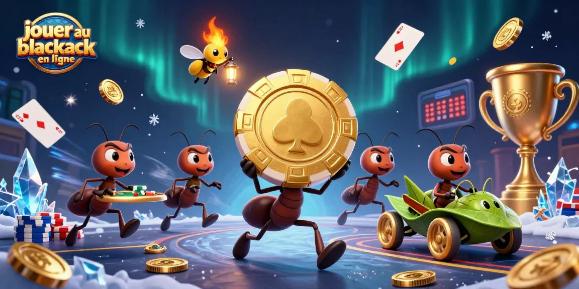 Jouer au blackjack en ligne avec une illustration dynamique de fourmis de cartoon transportant un jeton de poker doré.