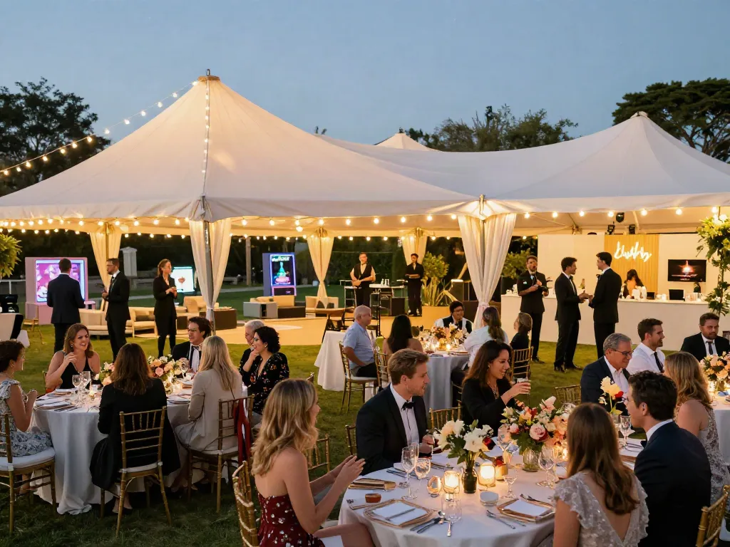 Event rentals enhancing a luxurious gala with guests, marquee tents, and elegant decorations in a festive outdoor setting.