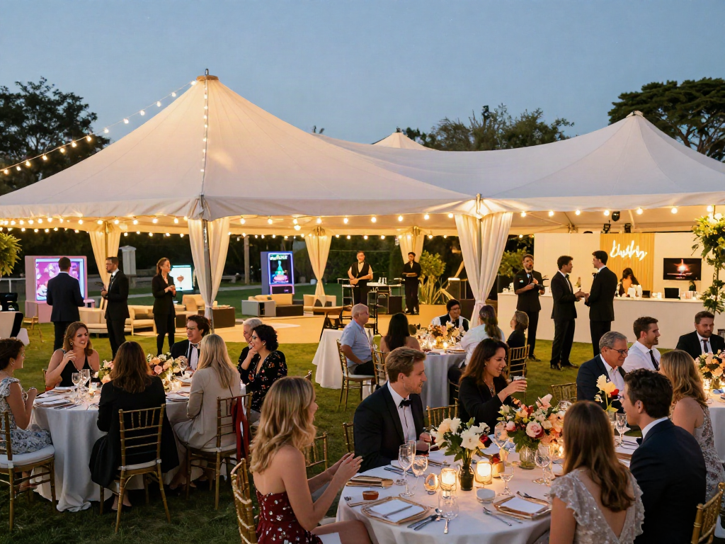 Event rentals enhancing a luxurious gala with guests, marquee tents, and elegant decorations in a festive outdoor setting.