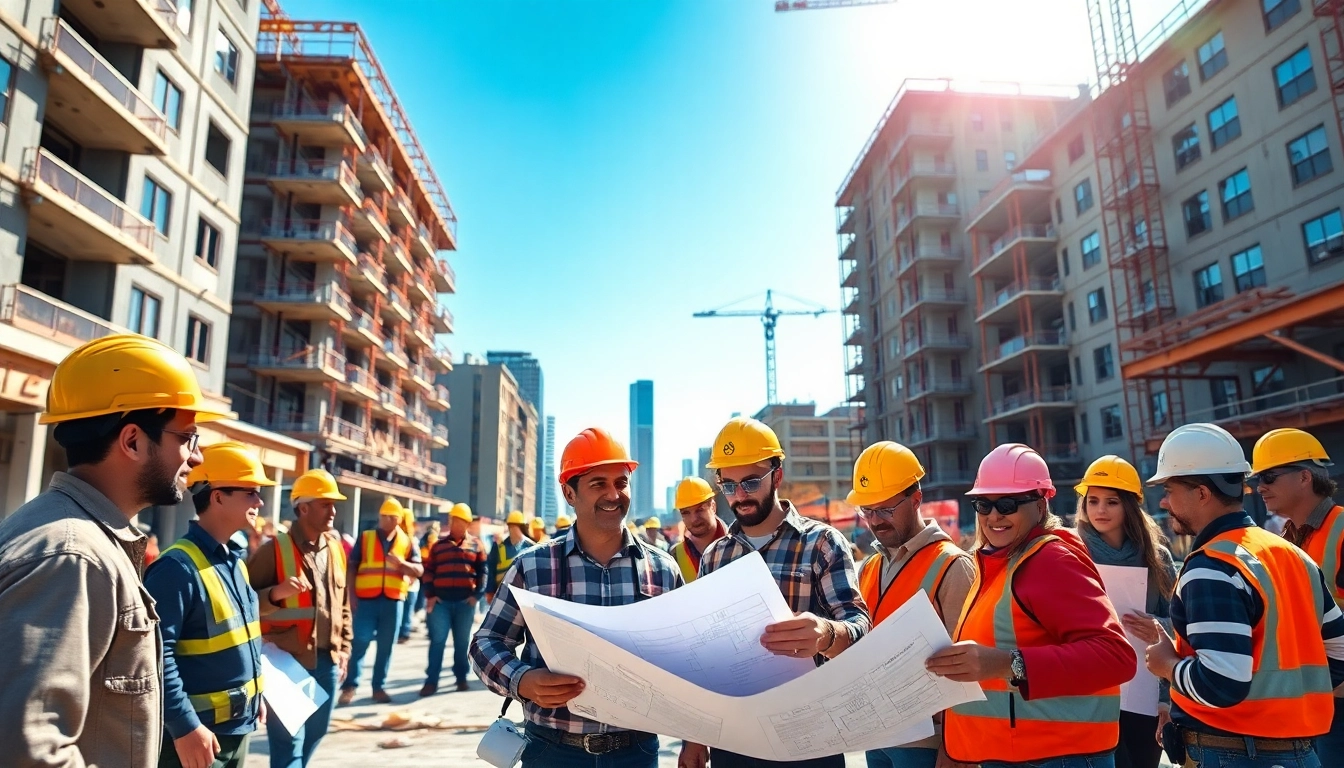 Manhattan General Contractor overseeing a busy construction site with workers and blueprints.