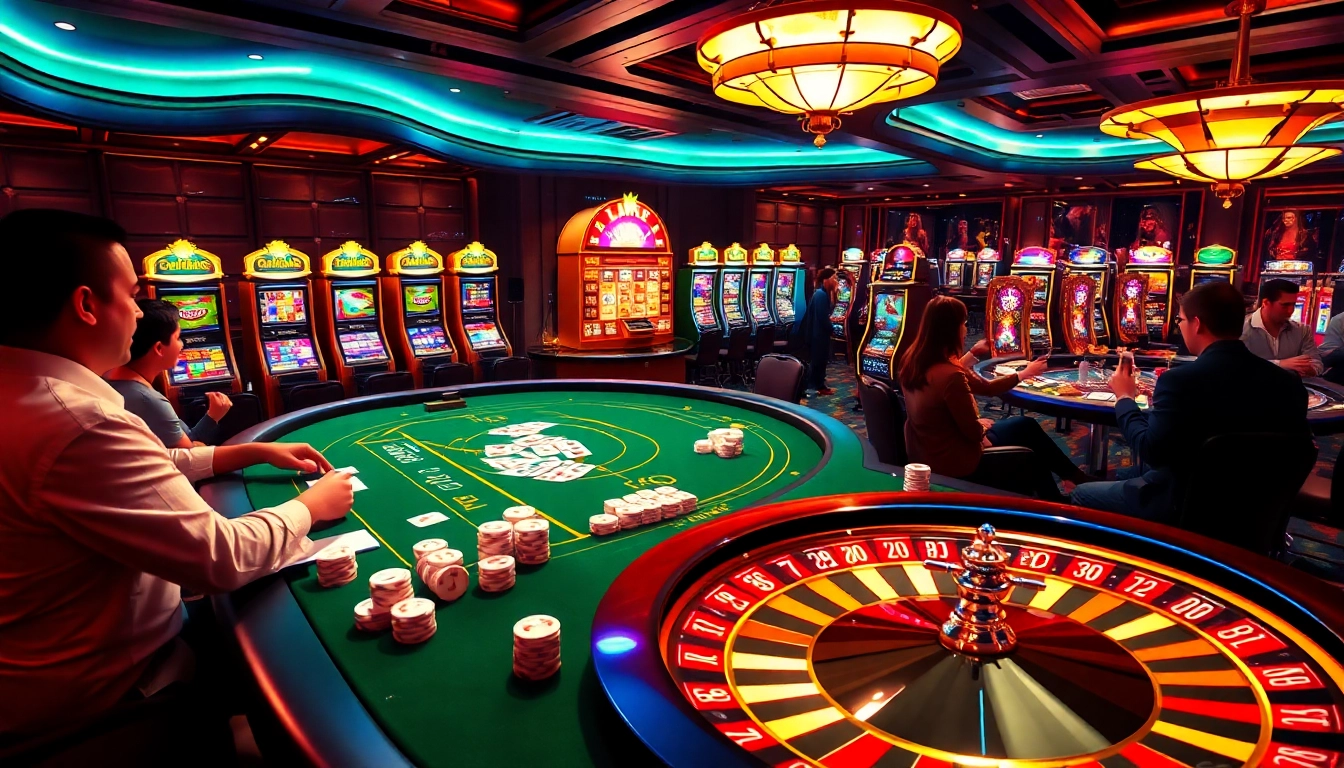 Players enjoying a vibrant bk8th casino atmosphere with poker, slots, and roulette.