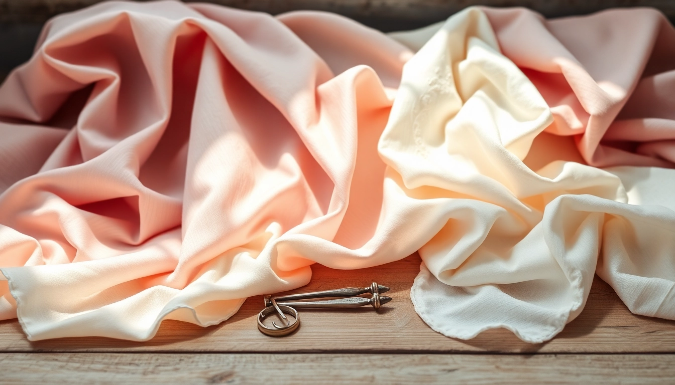 Zachte stof voor kleding gekozen op een houten tafel met diverse texturen en kleuren.