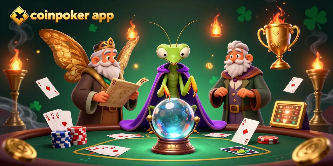 Découvrez l'application CoinPoker, où un caméléon et un papillon de nuit évoquent le poker avec des éléments de jeu captivants.