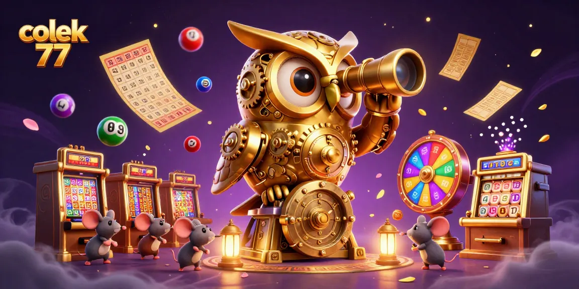 Engage with colek 77 in this vivid 3D illustration showcasing a golden owl and lively casino elements.