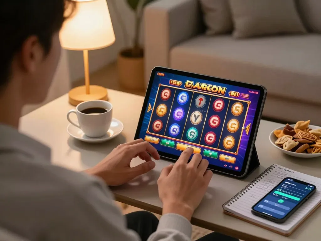 Engaging in fun slot gacor gameplay on tablet in cozy living room