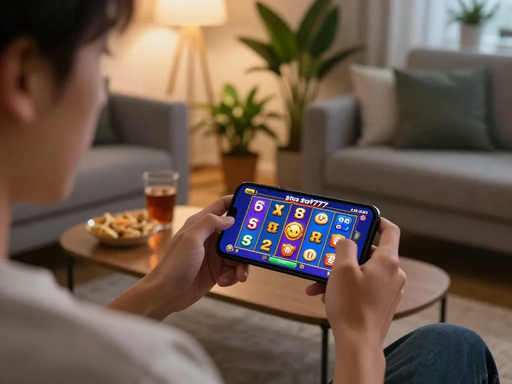 Engaged players experience situs slot777 gameplay on mobile devices in a cozy setting