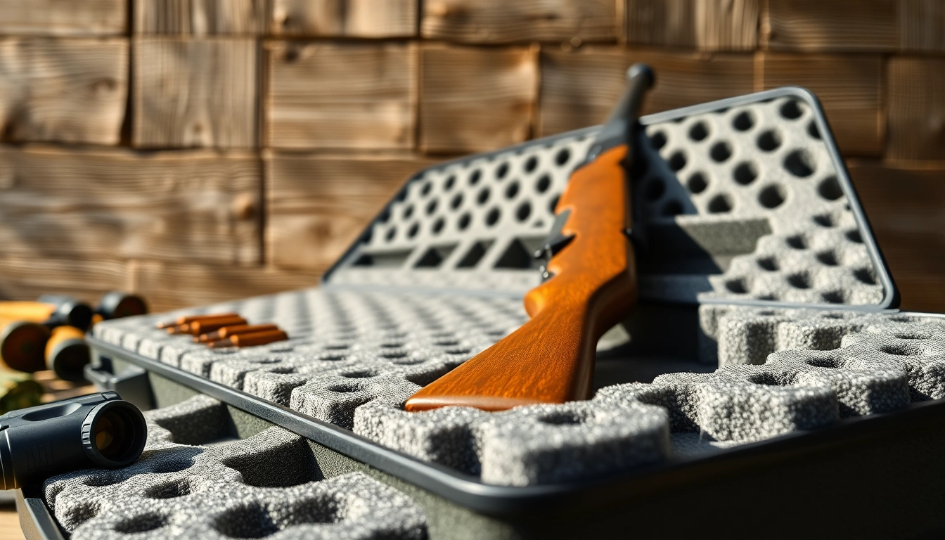 Foam for rifle case shown in a finely crafted compartment design for protection.