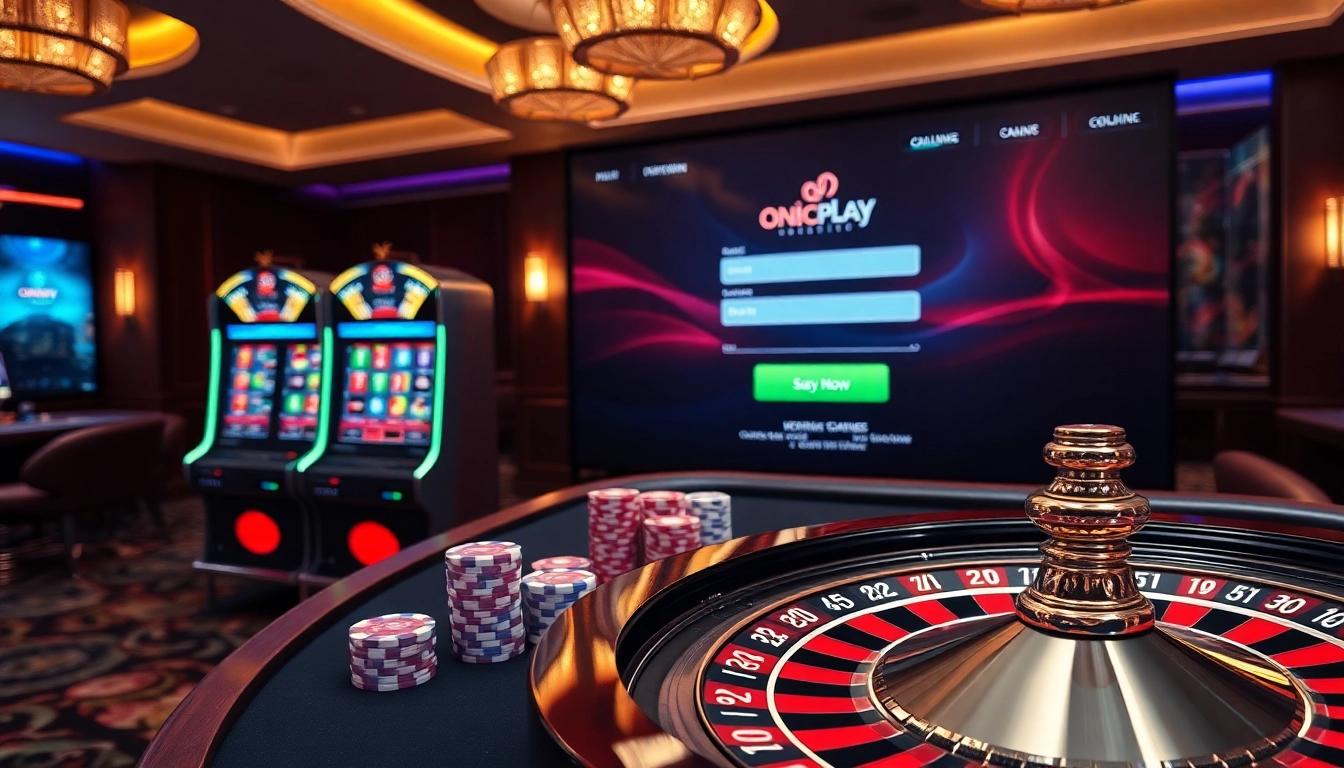 Engage in the excitement of onicplay login at a stunning casino with vibrant tables and slot machines.