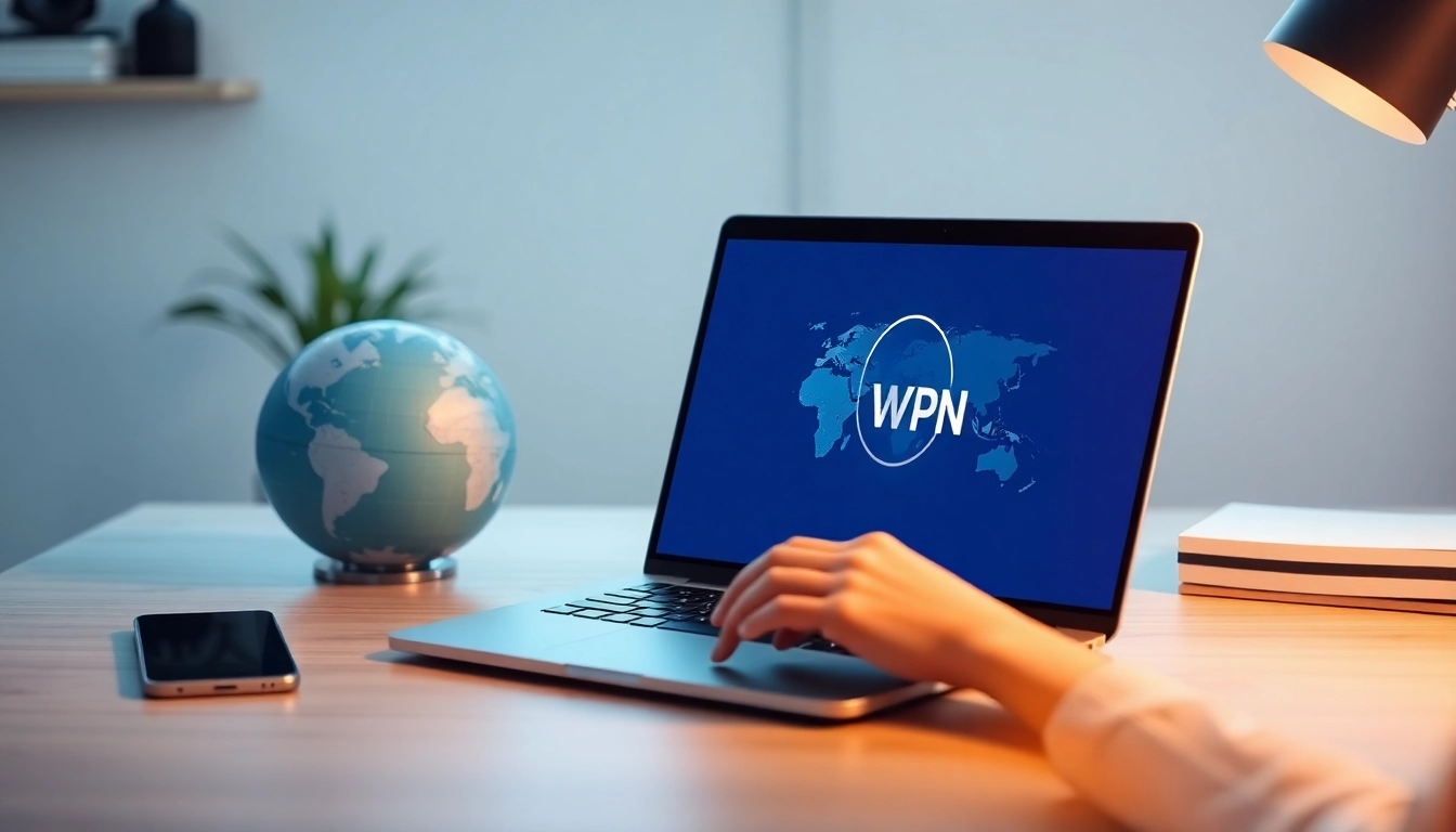 用户在现代化工作空间的一台时尚笔记本电脑上连接快连VPN，展示数字安全与全球互联性。